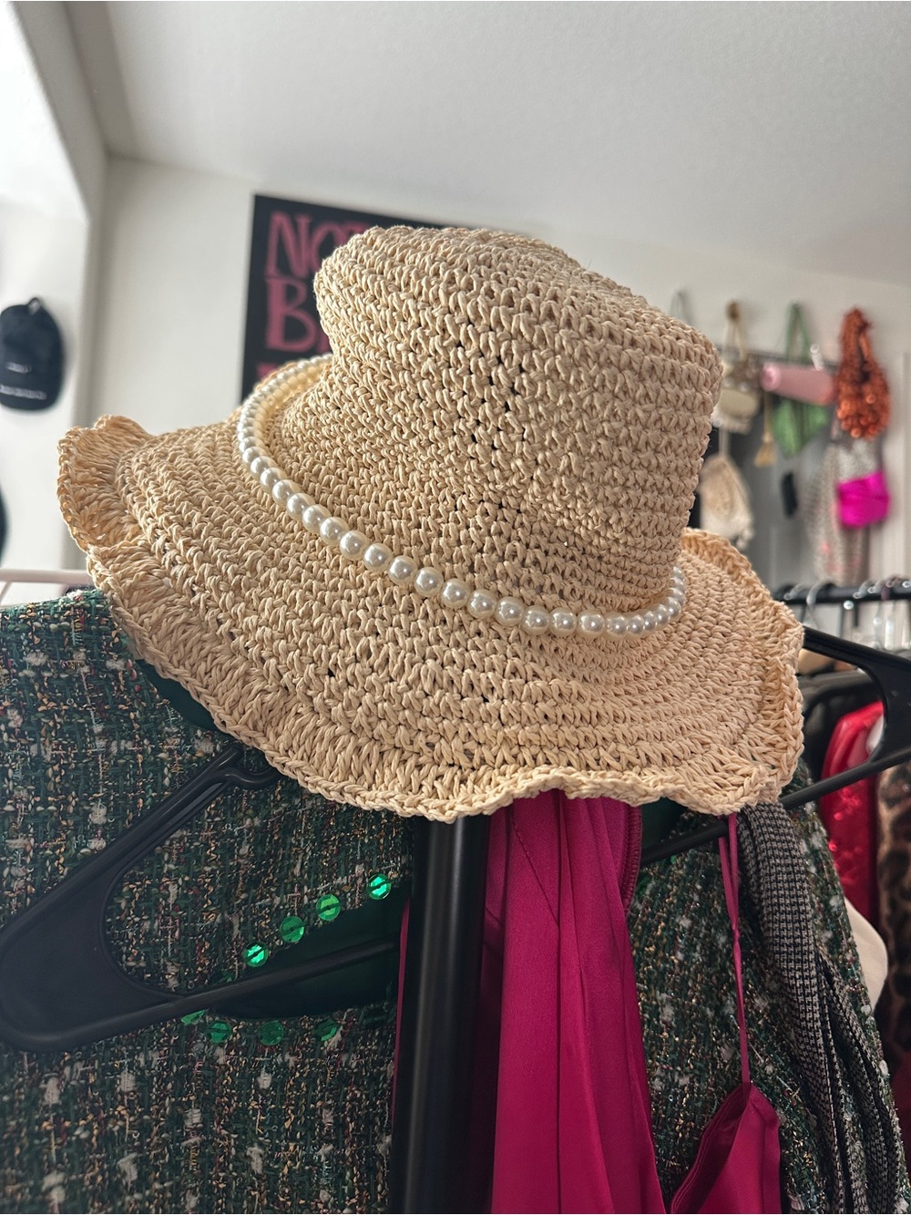 Pearl-Trim Woven Sun Hat in Beige - Picture 1 of 3